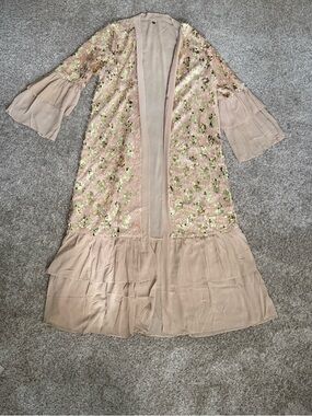 Beaded Sequin Long Kimono Duster in Blush